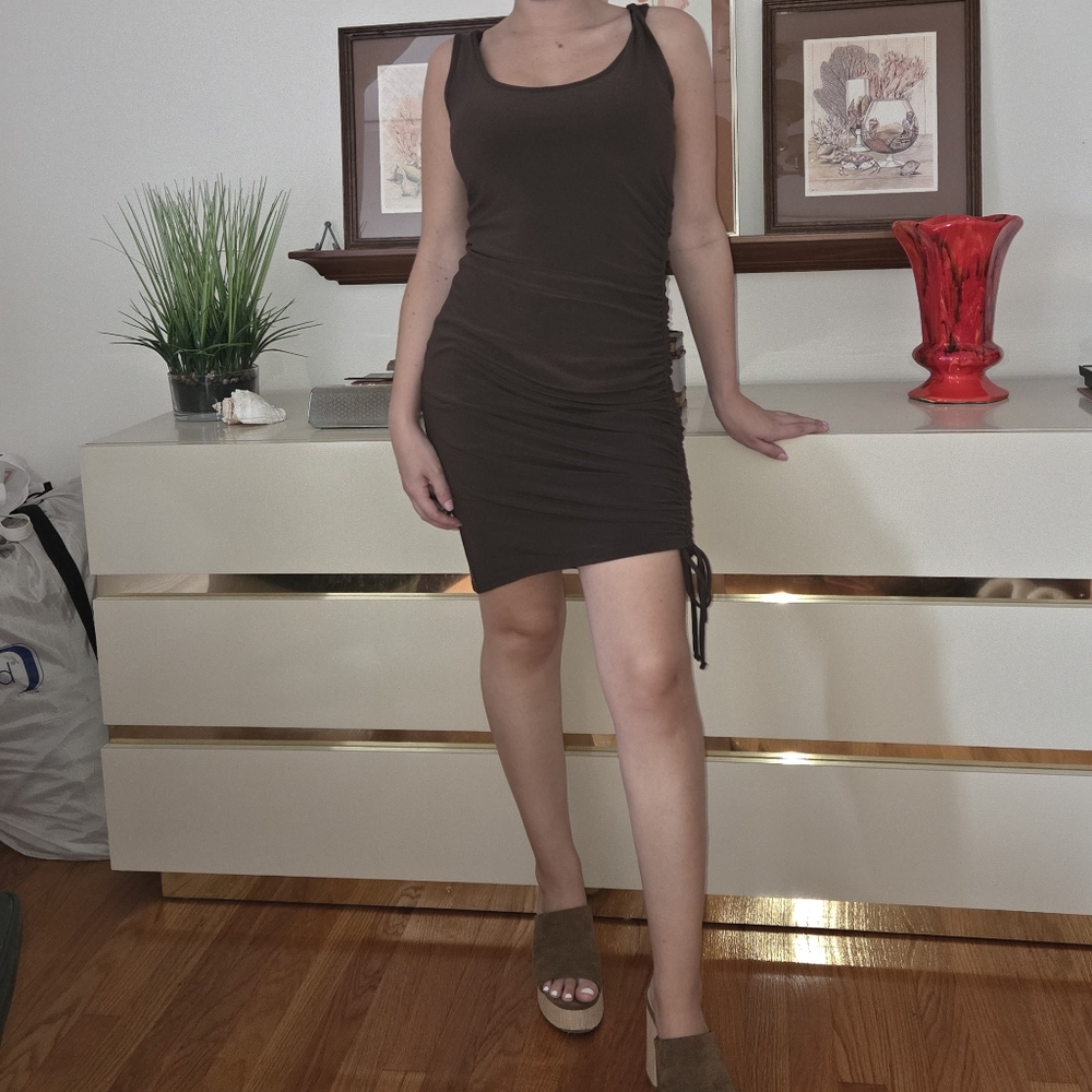 Express Asymmetrical Rouched Brown Mini Dress